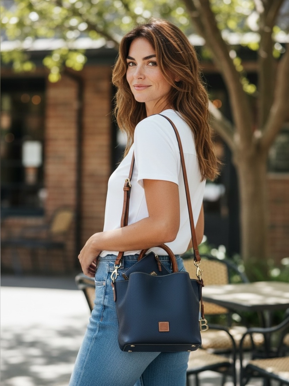 Dooney & Bourke Navy Pebble Leather Bucket Bag with Wallet and dust bag